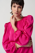 Load image into Gallery viewer, Satin Puff Sleeve Top With Gold Chain - Shocking Pink
