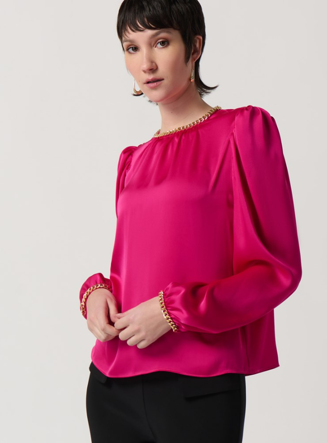 Satin Puff Sleeve Top With Gold Chain - Shocking Pink