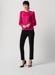 Satin Puff Sleeve Top With Gold Chain - Shocking Pink