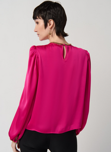 Satin Puff Sleeve Top With Gold Chain - Shocking Pink