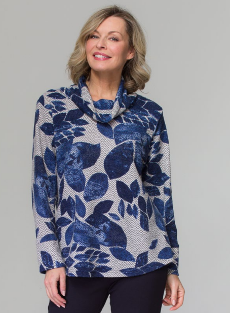 Lasania - 315 - Cowl Neck Sweater - Denim Leaves
