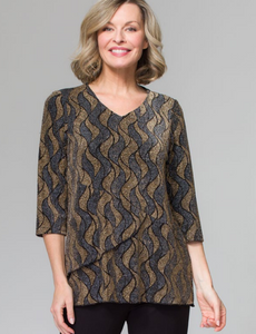 Lasania - 387P - Plus Size V-Neck Holiday Top - Gold/Charcoal