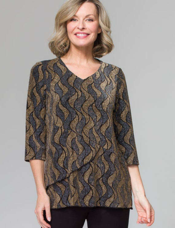 Lasania - 387P - Plus Size V-Neck Holiday Top - Gold/Charcoal