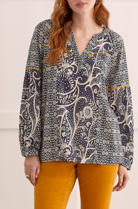 Tribal - 1525O - Printed Poplin Notchk Neck Blouse - Sapphire