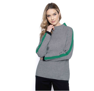 Picadilly - BK798 - Mock Neck Stripe Trim Sweater - Emerald Multi