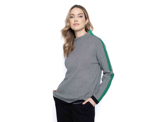 Picadilly - BK798 - Mock Neck Stripe Trim Sweater - Emerald Multi
