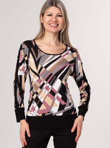 Modes Crystal - 11052 - Button Detail on Sleeve Top - Black/Pink