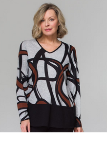 Lasania - 365 - V-Neck Long Sleeve Tunic - Black/Grey/Mocha