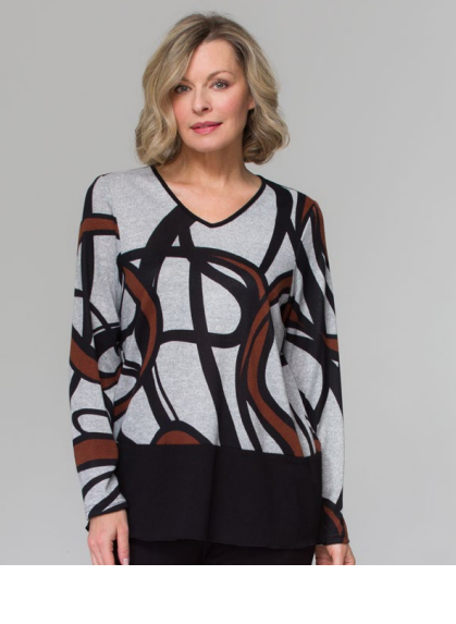 Lasania - 365 - V-Neck Long Sleeve Tunic - Black/Grey/Mocha