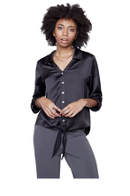 Load image into Gallery viewer, CompliK - 33378 - Satin Look Front Tie Blouse - Black
