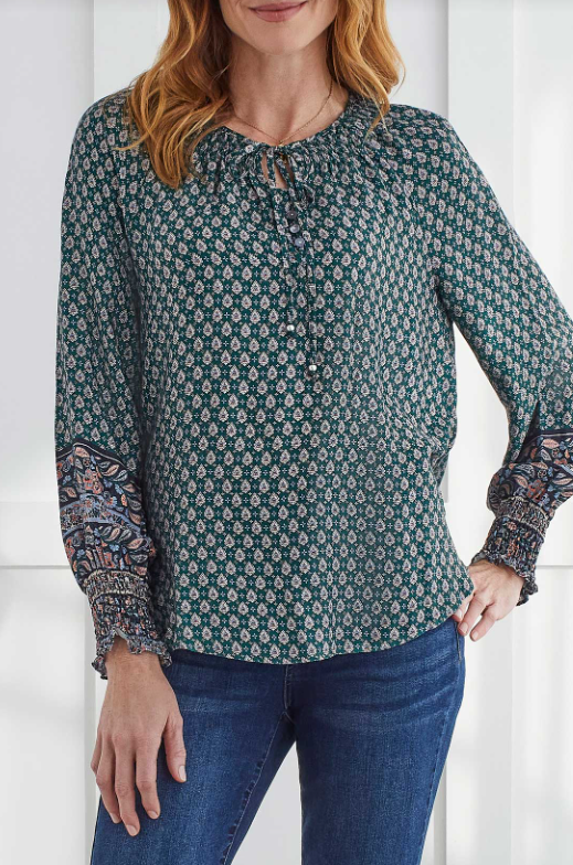Tribal - 1610O - Long Sleeve Blouse with Spocking - Evergreen