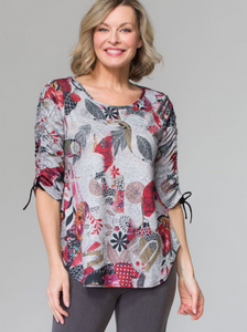 Lasania - 352P - Petite 3/4 Sleeve with Ruching Top - Grey/Red