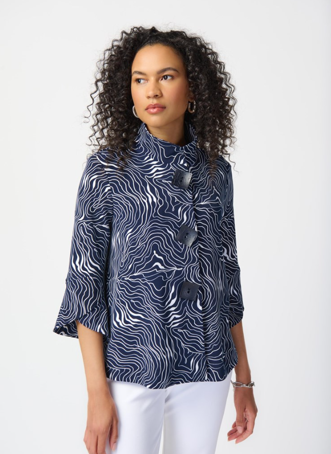 Joseph Ribkoff - 241200 - Abstract Print Silky Knit Jacket - Midnight Blue/Vanilla