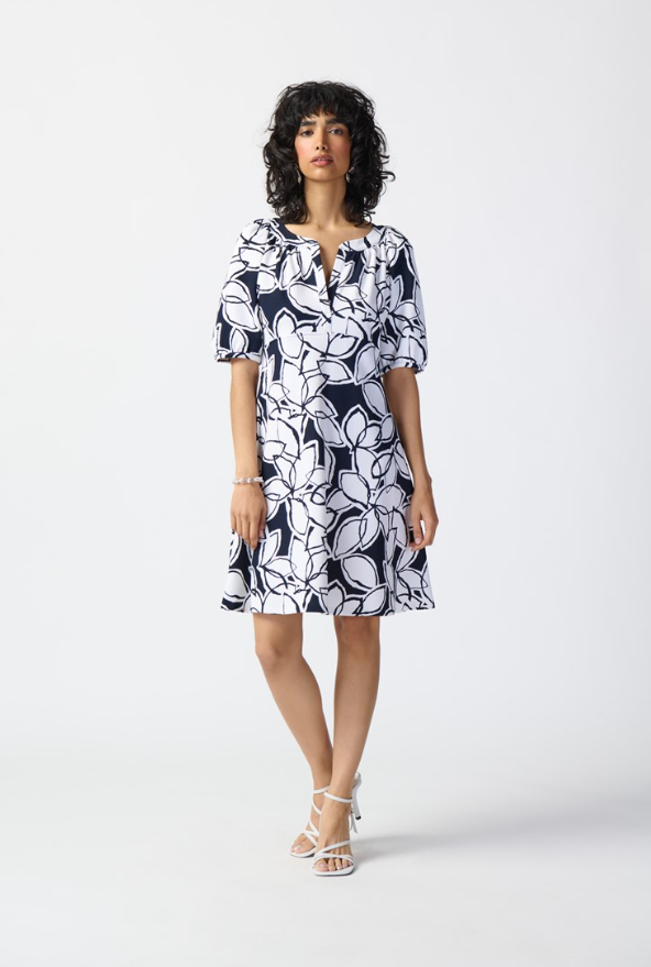 Joseph Ribkoff - 241006 - Leaf Print Scuba Crepe Fit-and-Flare Dress