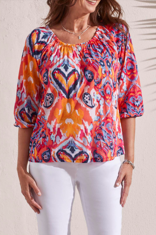 Tribal - 1707O - Peasant Top With Buttons - Poppy Red