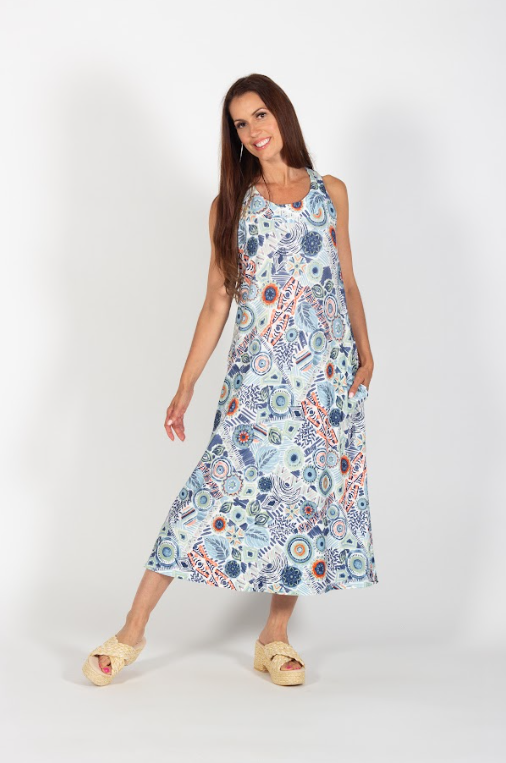 Pure - 545-5048 - Maxi Sleeveless Dress - Blue/Tangerine