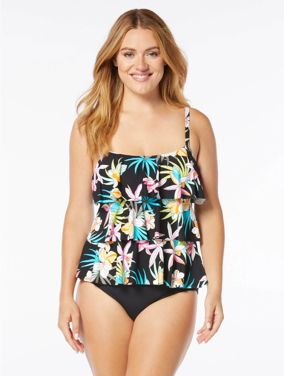 Beach House - H3A025A - Tiered Tankini Top - Tropical Bloom Black