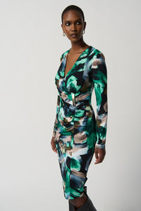 Jospeh Ribkoff - 234019 - Brush Print Ruched Wrap Dress - Black/Multi