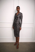 Load image into Gallery viewer, Joseph Ribkoff - 234110 - Metallic Crinkle Faux Wrap Dress - Dark Grey

