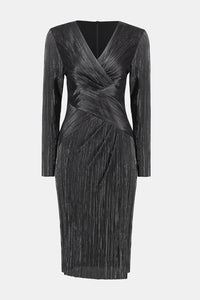Joseph Ribkoff - 234110 - Metallic Crinkle Faux Wrap Dress - Dark Grey