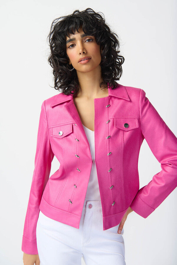 Joseph Ribkoff - 241911 - Foiled Suede Jacket with Metal Trims- Bright pink