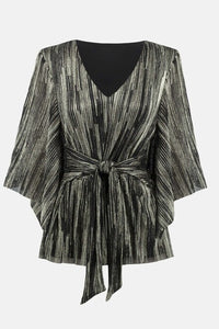 Joseph Ribkoff - 234222 - Pleated Foil Knit Top with Sash - Black/Gold