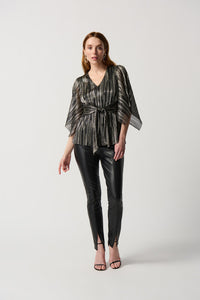 Joseph Ribkoff - 234222 - Pleated Foil Knit Top with Sash - Black/Gold