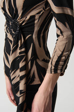 Load image into Gallery viewer, Joseph Ribkoff - 234078 - Abstract Print Silky Knit Top With Side Buckle - Black/Latte
