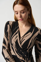 Load image into Gallery viewer, Joseph Ribkoff - 234078 - Abstract Print Silky Knit Top With Side Buckle - Black/Latte
