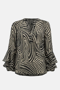 Joseph Ribkoff - 234074 - Dot Print Chiffon Top With Ruffles Sleeves -  Black/Multi