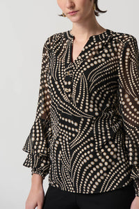 Joseph Ribkoff - 234074 - Dot Print Chiffon Top With Ruffles Sleeves -  Black/Multi