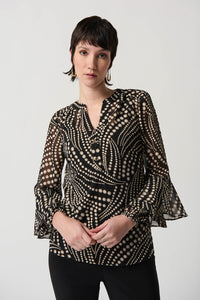 Joseph Ribkoff - 234074 - Dot Print Chiffon Top With Ruffles Sleeves -  Black/Multi