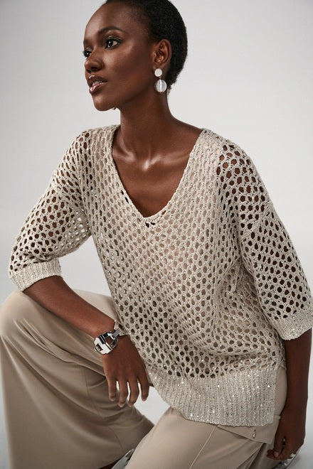 Joseph Ribkoff - 241922 - Sequin Detail Crochet Top - Champagne