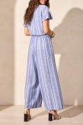 Tribal - 7704O - Linen Blend Striped Flowy Pants - Calypso Blue