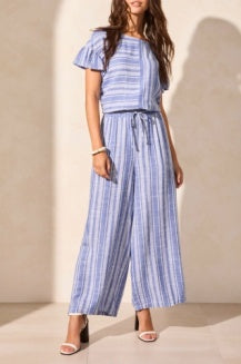 Tribal - 7704O - Linen Blend Striped Flowy Pants - Calypso Blue