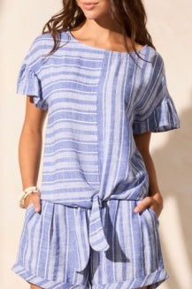 Tribal - 7710O - Tie-Front Blouse With Frilled Sleeve - Calypso Blue