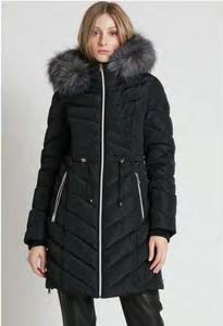 Point Zero - 8958544 - Hooded Zip Front Coat with Side Zip and Fur Trim