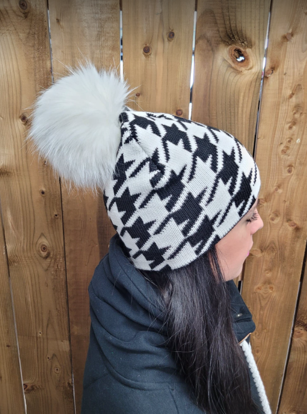 Hat - Merino Wool Hat/Toque with Detachable Faux Fur Pom - Caylee/White Faux Pom