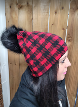 Load image into Gallery viewer, Hat - Merino Wool Hat/Toque with Detachable Faux Fur Pom - Mary Ann Red/Black
