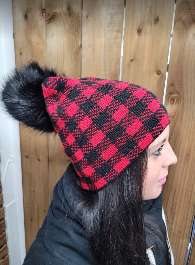 Hat - Merino Wool Hat/Toque with Detachable Faux Fur Pom - Mary Ann Red/Black
