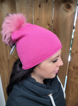 Load image into Gallery viewer, Hat - Merino Wool Hat/Toque with Detachable Real Fur Pom - Popsicle/Poker Pink
