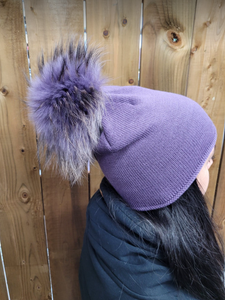 Hat - Merino Wool Hat/Toque with Detachable Real Fur Pom - Smokey Purple