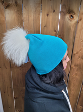Load image into Gallery viewer, Hat - Merino Wool Hat/Toque with Detachable Real Fur Pom - Blue Raspberry/White Pom
