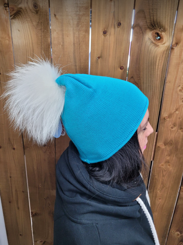 Hat - Merino Wool Hat/Toque with Detachable Real Fur Pom - Blue Raspberry/White Pom