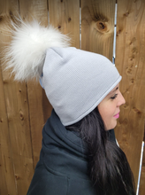 Load image into Gallery viewer, Hat - Merino Wool Hat/Toque with Detachable Real Fur Pom - Silver Cloud/White Pom
