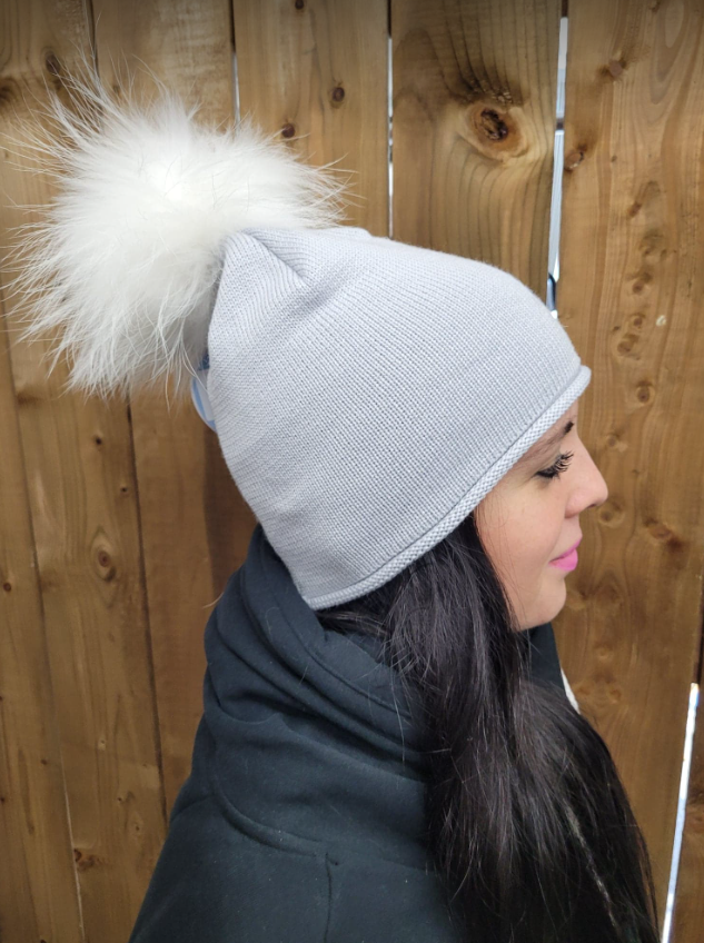 Hat - Merino Wool Hat/Toque with Detachable Real Fur Pom - Silver Cloud/White Pom