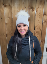 Load image into Gallery viewer, Hat - Merino Wool Hat/Toque with Detachable Real Fur Pom - Silver Cloud/White Pom
