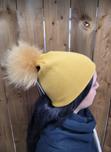 Load image into Gallery viewer, Hat - Merino Wool Hat/Toque with Detachable Real Fur Pom - Golden
