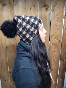Hat - Merino Wool Hat/Toque with Detachable Faux Fur Pom - Caylee/Black Faux Pom