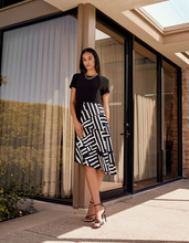 Load image into Gallery viewer, Joseph Ribkoff - 231110 -  Printed Tiered A-Line Dress - Black/Beige
